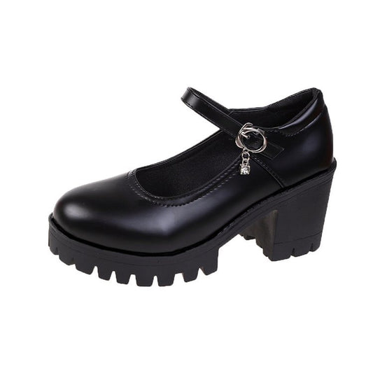 Buckled Chunky Heel Patent Leather Pumps Shoes